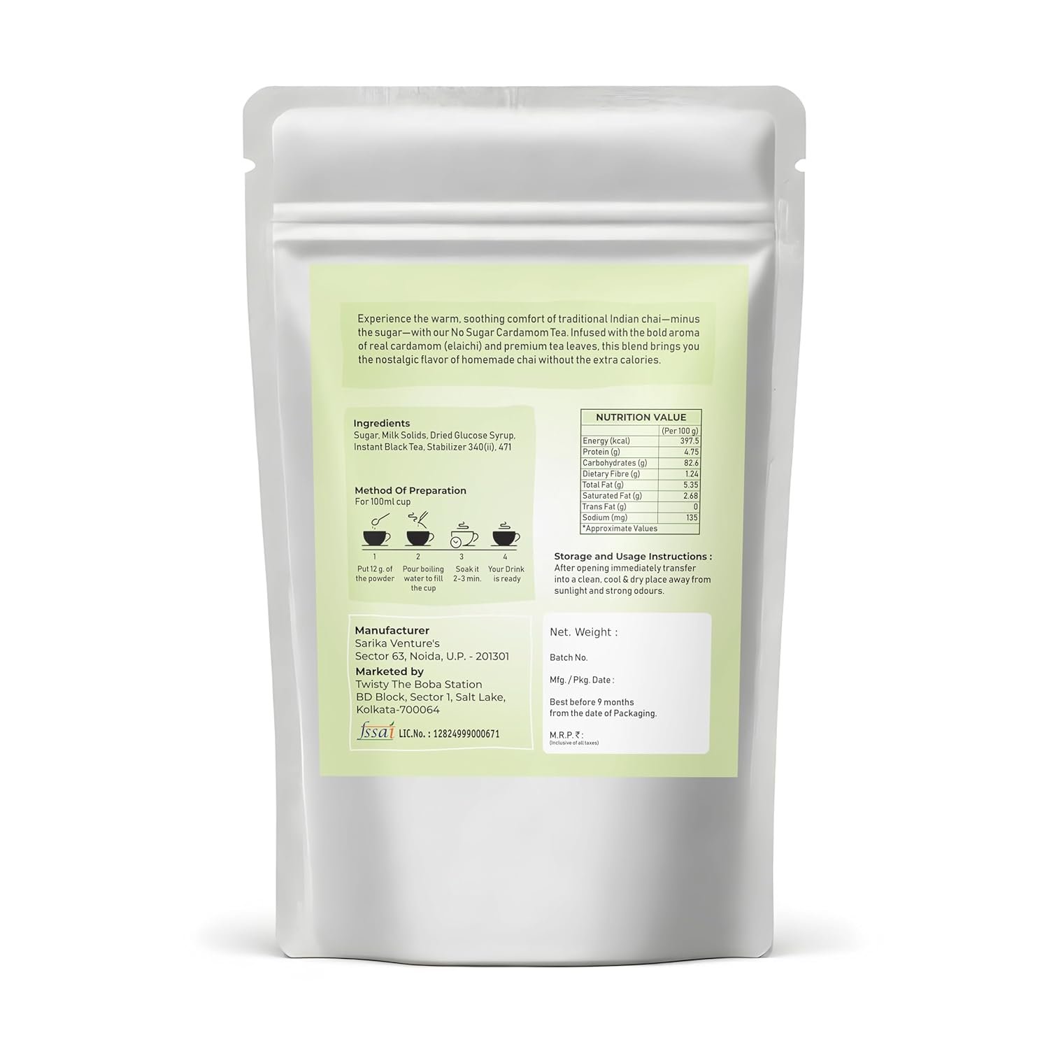 Twisty India Cardamom Tea Premix, Sugar-Free, Traditional Indian Chai Blend (500gram)