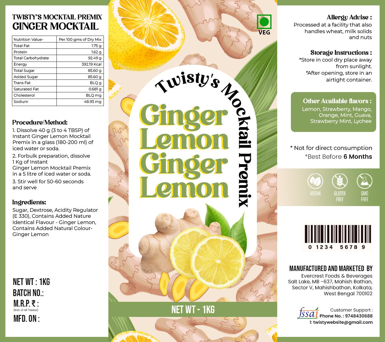 Twisty's Mocktails Premix(Ginger Lemon)