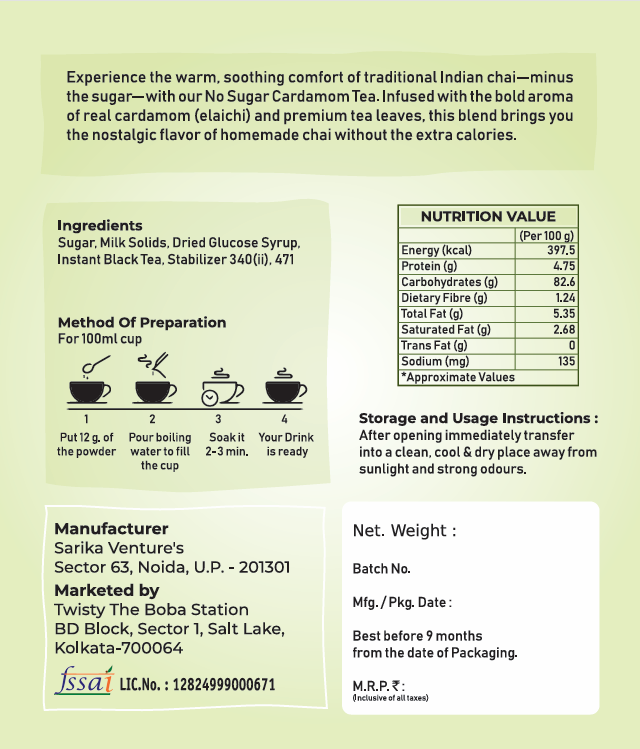 Twisty India Cardamom Tea Premix, Sugar-Free, Traditional Indian Chai Blend (500gram)