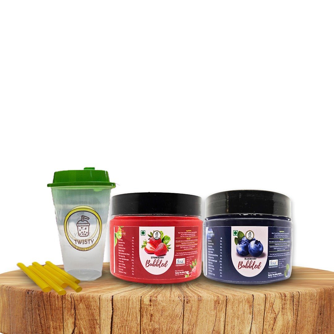 Blueberry and Strawberry Popping Boba(330 Grams Each) | 2 Popping Boba Combo | 2 Cup | 5 Straws