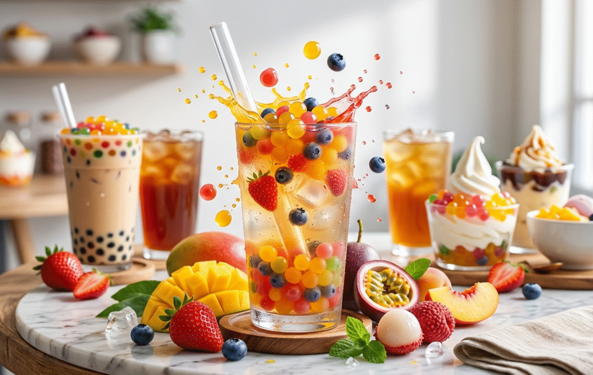 An ultra-realistic, vibrant food photography shot of a multi-flavored popping boba drink served in a tall, clear glass with a wide transparent straw, set as a blog hero banner on a marble cafe table. The central glass is filled with iced tea and layered with colorful, translucent popping boba pearls in shades of mango yellow, strawberry red, blueberry blue, and peach orange. A dynamic splash of juice and floating pearls erupts from the top of the glass, capturing a fresh, energetic moment. Scattered around the base of the glass are fresh, sliced fruits including strawberries, blueberries, a cubed mango half, a cut passion fruit, peaches, and a peeled lychee. In the softly blurred background, a trendy cafe setup features other treats like a traditional tapioca milk tea, iced fruit teas, and glass dessert bowls filled with frozen yogurt topped with colorful boba pearls. The scene is illuminated by bright, soft natural lighting that enhances the glossy textures, condensation on the glasses, and a clean pastel and tropical color palette.