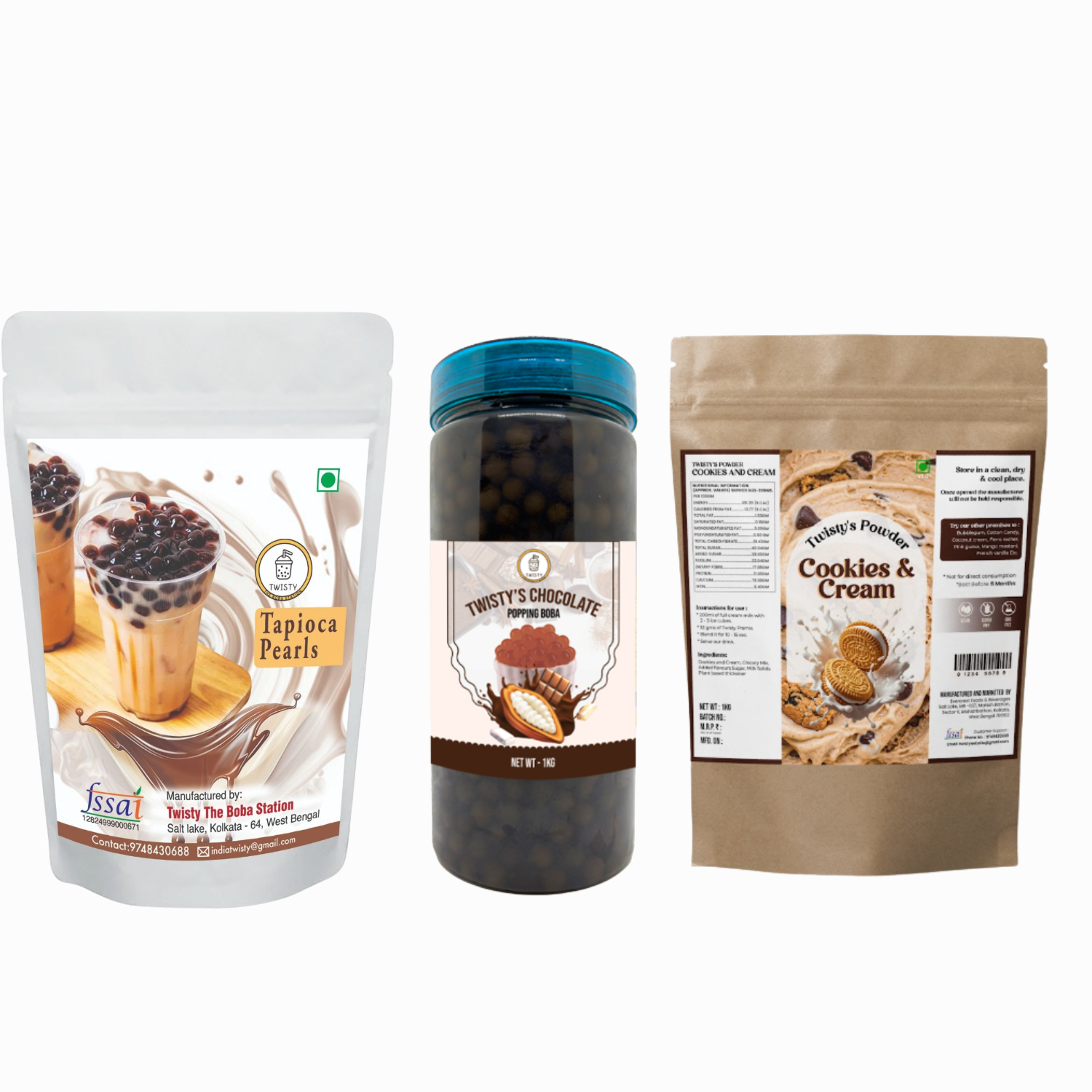 Cookies Mini Boba Kit | Brown Sugar Tapioca Pearls 500g + Cookies & Cream Powder 250g + Chocolate Popping Boba 350g | Bubble Tea Making Kit