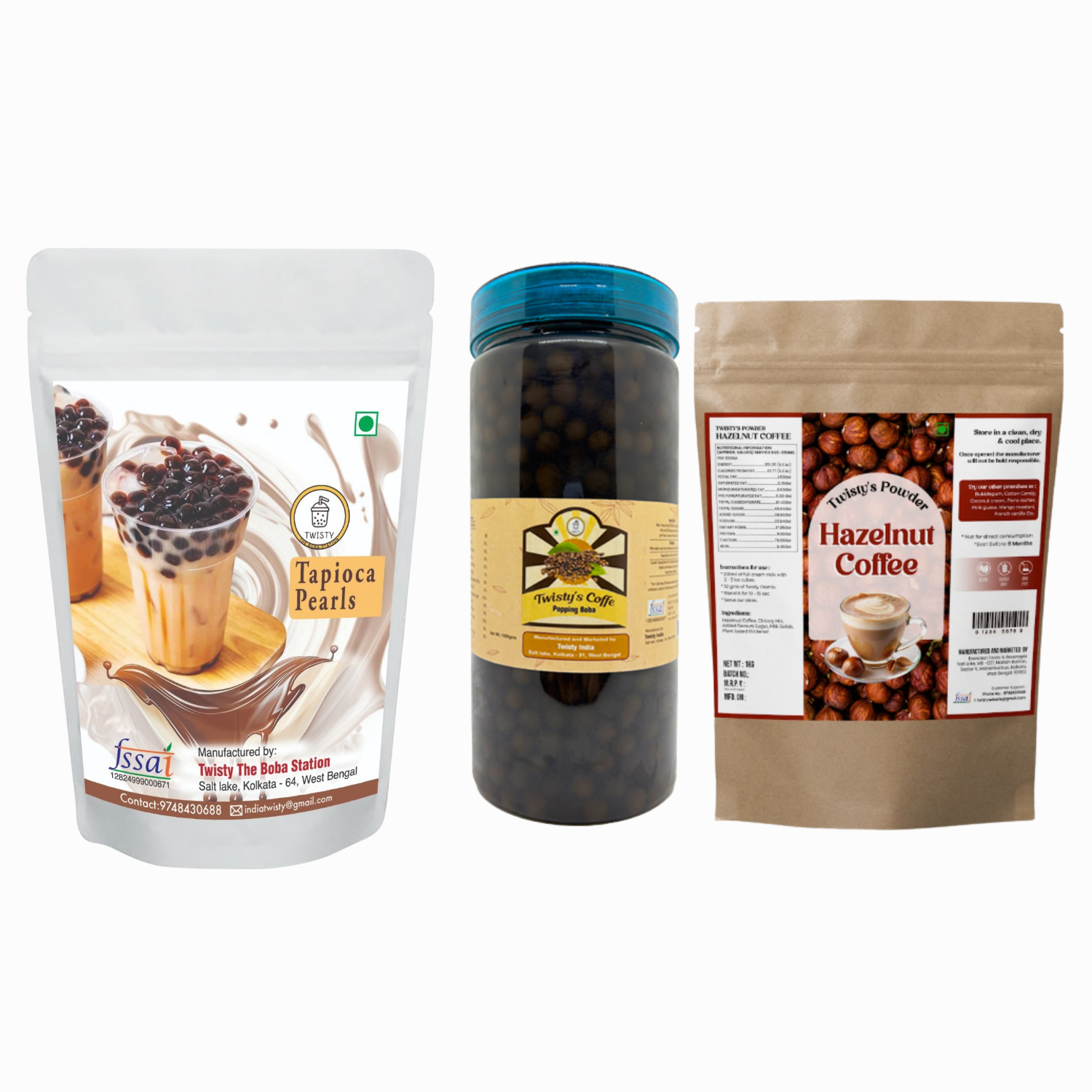 Coffee Mini Boba Kit | Brown Sugar Tapioca Pearls 500g + Hazelnut Coffee Powder 250g + Coffee Popping Boba 350g | Bubble Tea Making Kit