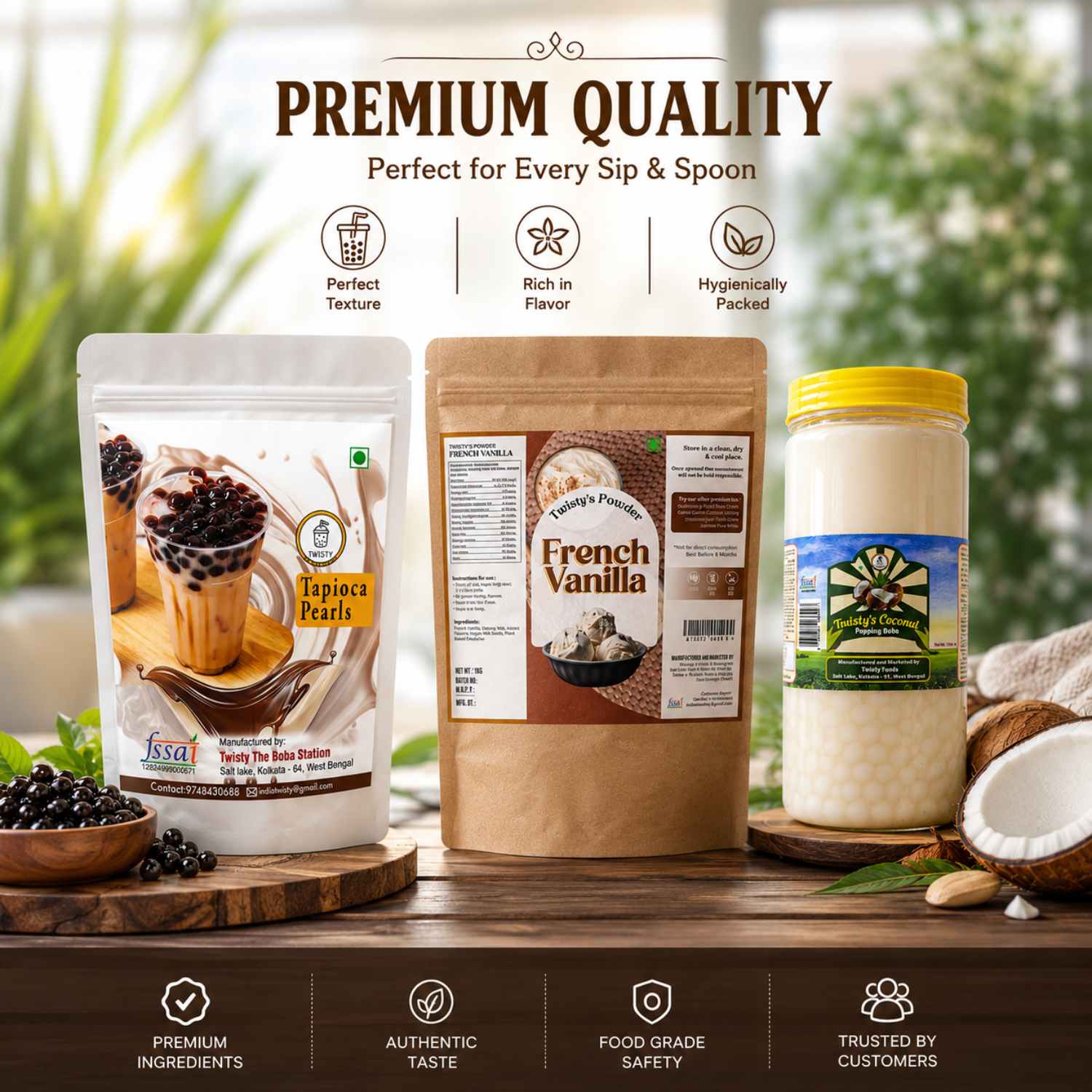 Vanilla Mini Boba Kit | Brown Sugar Tapioca Pearls 500g + French Vanilla Powder 250g + Coconut Popping Boba 350g | Bubble Tea Making Kit