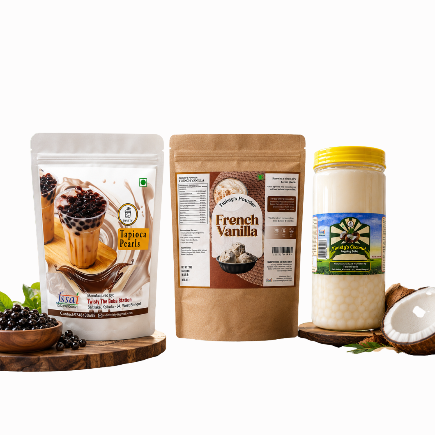 Vanilla Mini Boba Kit | Brown Sugar Tapioca Pearls 500g + French Vanilla Powder 250g + Coconut Popping Boba 350g | Bubble Tea Making Kit