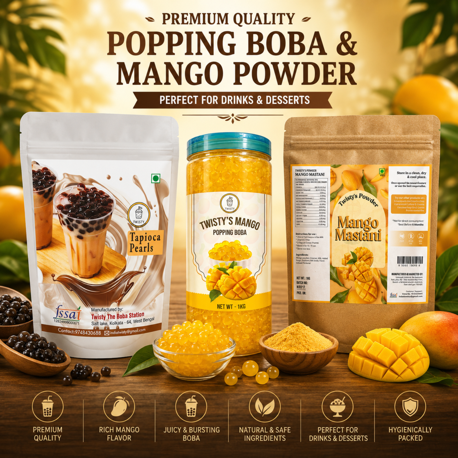 Mango Mini Boba Kit | Brown Sugar Tapioca Pearls 500g + Mango Powder 250g + Mango Popping Boba 350g | Bubble Tea Making Kit