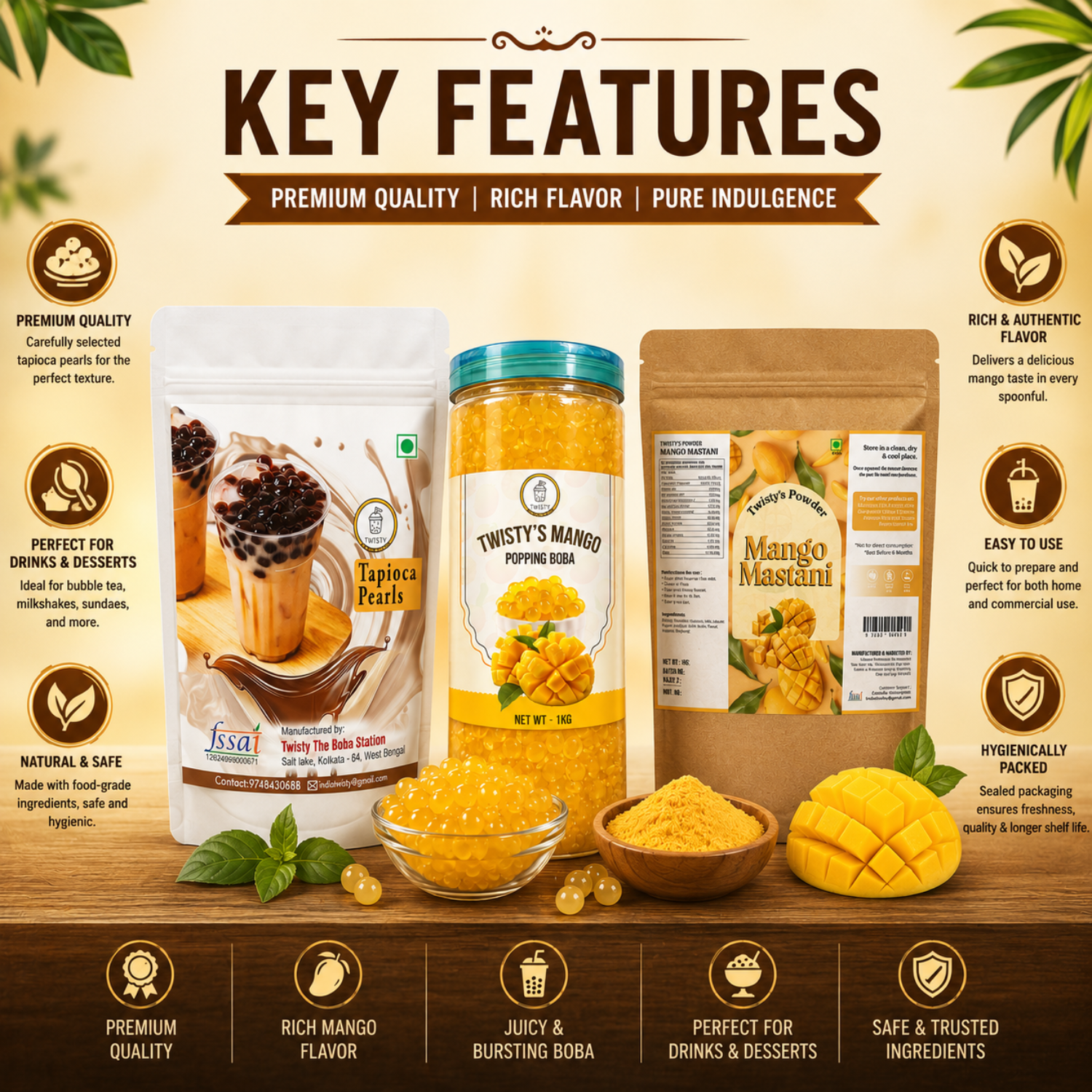Mango Mini Boba Kit | Brown Sugar Tapioca Pearls 500g + Mango Powder 250g + Mango Popping Boba 350g | Bubble Tea Making Kit