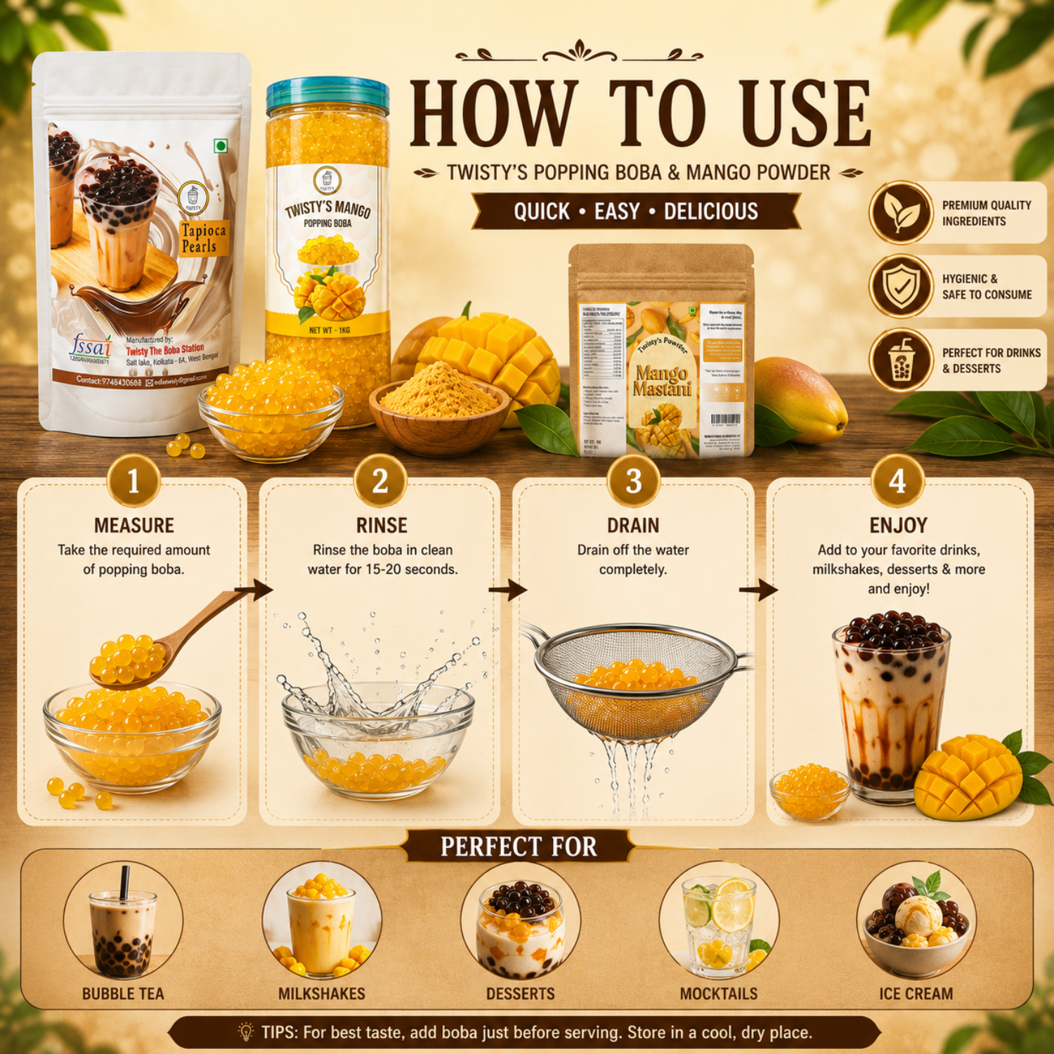 Mango Mini Boba Kit | Brown Sugar Tapioca Pearls 500g + Mango Powder 250g + Mango Popping Boba 350g | Bubble Tea Making Kit