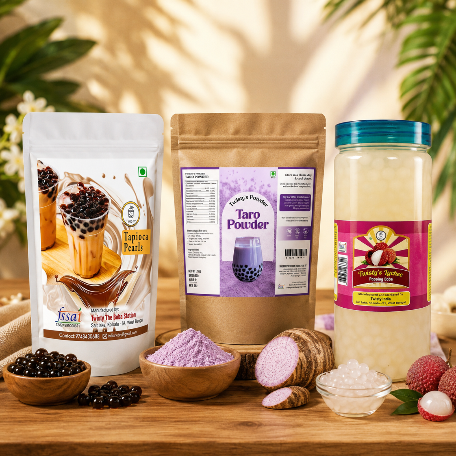 Taro Mini Boba Kit | Brown Sugar Tapioca Pearls 500g + Taro Powder 250g + Lychee Popping Boba 350g | Bubble Tea Making Kit