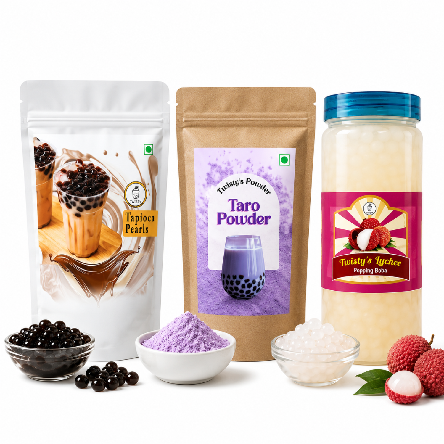 Taro Mini Boba Kit | Brown Sugar Tapioca Pearls 500g + Taro Powder 250g + Lychee Popping Boba 350g | Bubble Tea Making Kit