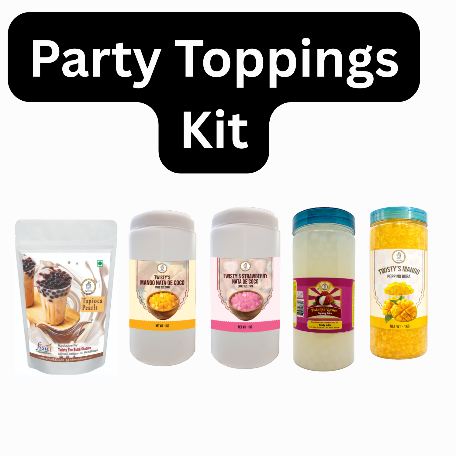 Party Toppings Bubble Tea Kit – Party Pack | Brown Sugar Tapioca Pearls (2 kg), Mango Popping Boba (350 g), Lychee Popping Boba (350 g), Strawberry Nata de Coco (350 g) & Mango Nata de Coco (350 g)