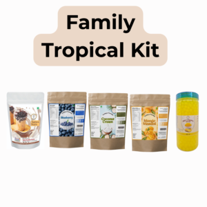 Family Tropical Bubble Tea Kit – Family Pack | Brown Sugar Tapioca Pearls (1 kg), Mango Powder (250 g), Coconut Cream Powder (250 g), Blueberry Powder (250 g) & Pineapple Popping Boba (350 g)