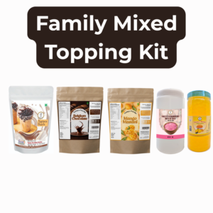 Family Mixed Topping Bubble Tea Kit – Family Pack | Brown Sugar Tapioca Pearls (1 kg), Mango Powder (250 g), Belgian Chocolate Powder (250 g), Mango Popping Boba (350 g) & Strawberry Nata de Coco (350 g)