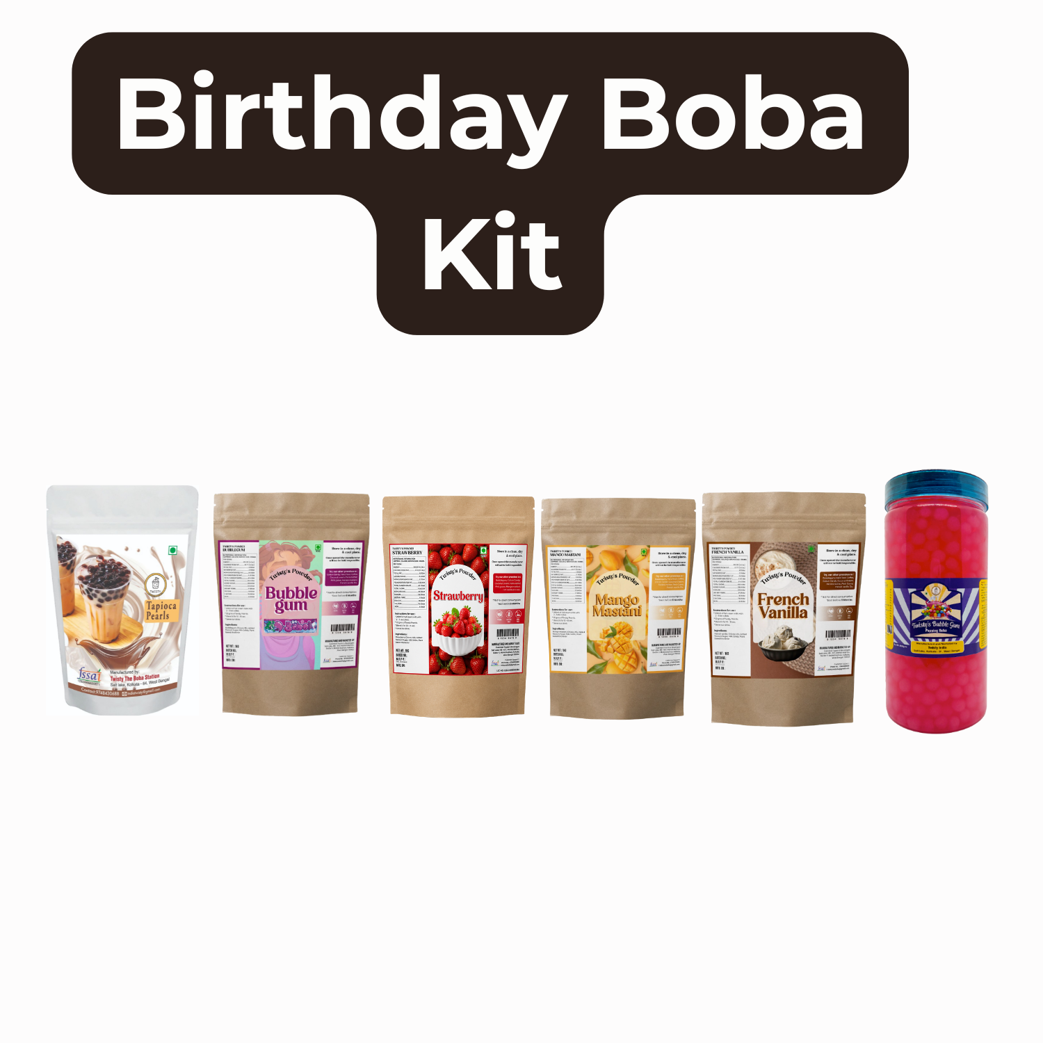 Birthday Bubble Tea Boba Kit – Party Pack | Brown Sugar Tapioca Pearls (2 kg), Bubblegum Powder (250 g), Strawberry Powder (250 g), Mango Powder (250 g), French Vanilla Powder (250 g) & Bubblegum Popping Boba (350 g)