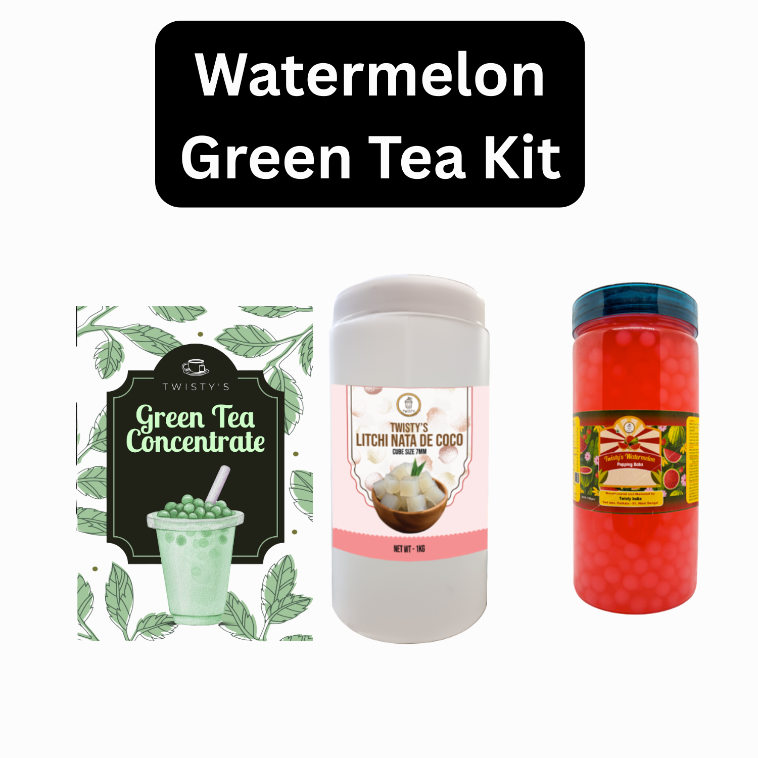 Watermelon Green Tea Bubble Tea Kit | Green Tea Concentrate (500 ml), Watermelon Popping Boba (350 g) & Strawberry Nata de Coco (350 g)