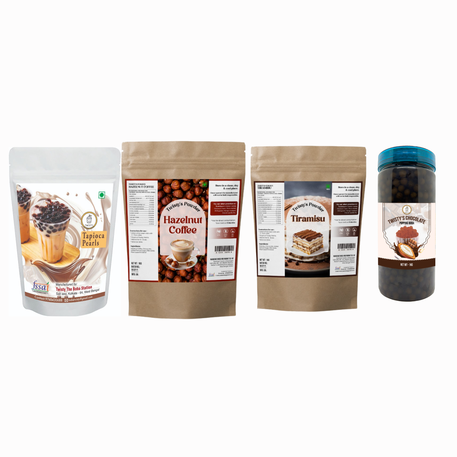 Coffee Lover Bubble Tea Kit | Brown Sugar Tapioca Pearls 1kg + Hazelnut Coffee Powder 250g + Tiramisu Powder 250g + Coffee Popping Boba 350g | DIY Bubble Tea Making Kit