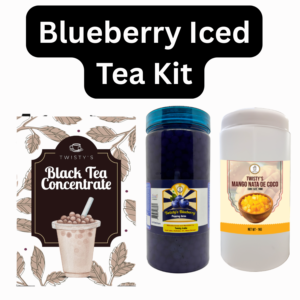Blueberry Iced Tea Bubble Tea Kit | Black Tea Concentrate (500 ml), Blueberry Popping Boba (350 g) & Strawberry Nata de Coco (350 g)