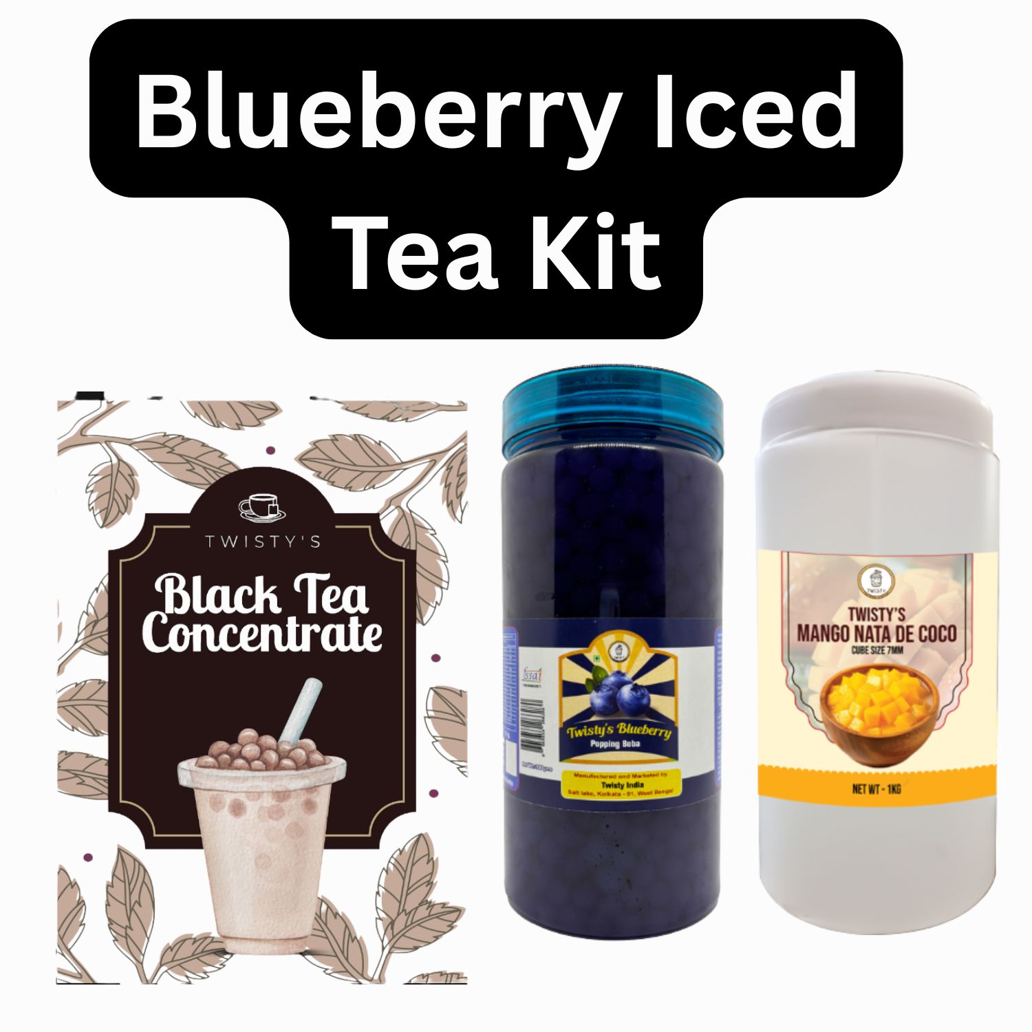 Blueberry Iced Tea Bubble Tea Kit | Black Tea Concentrate (500 ml), Blueberry Popping Boba (350 g) & Strawberry Nata de Coco (350 g)