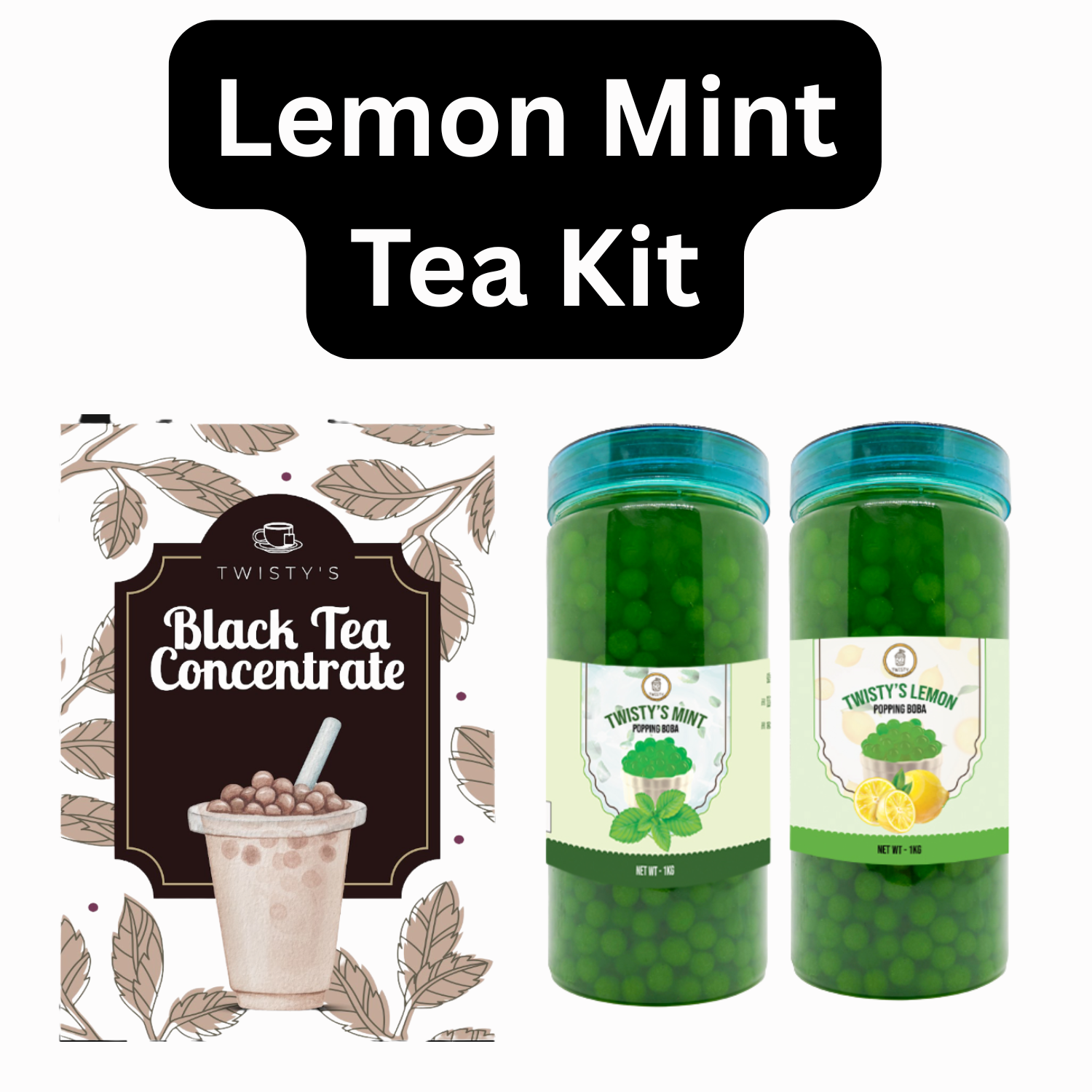 Lemon Mint Fruit Tea Bubble Tea Kit | Black Tea Concentrate (500 ml), Lemon Popping Boba (350 g) & Mint Popping Boba (350 g)