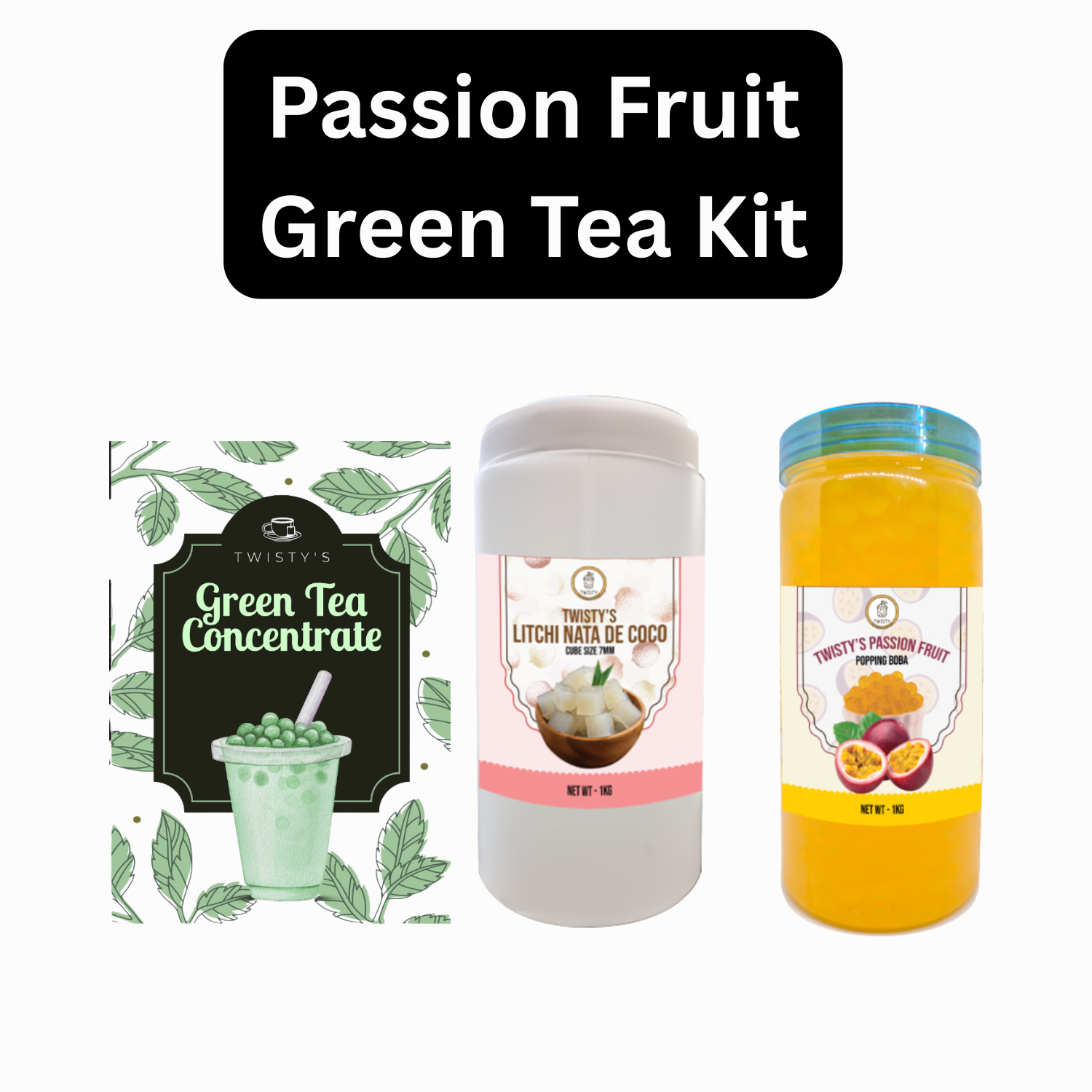 Passion Fruit Green Tea Bubble Tea Kit | Green Tea Concentrate (500 ml), Passion Fruit Popping Boba (350 g) & Mango Nata de Coco (350 g)