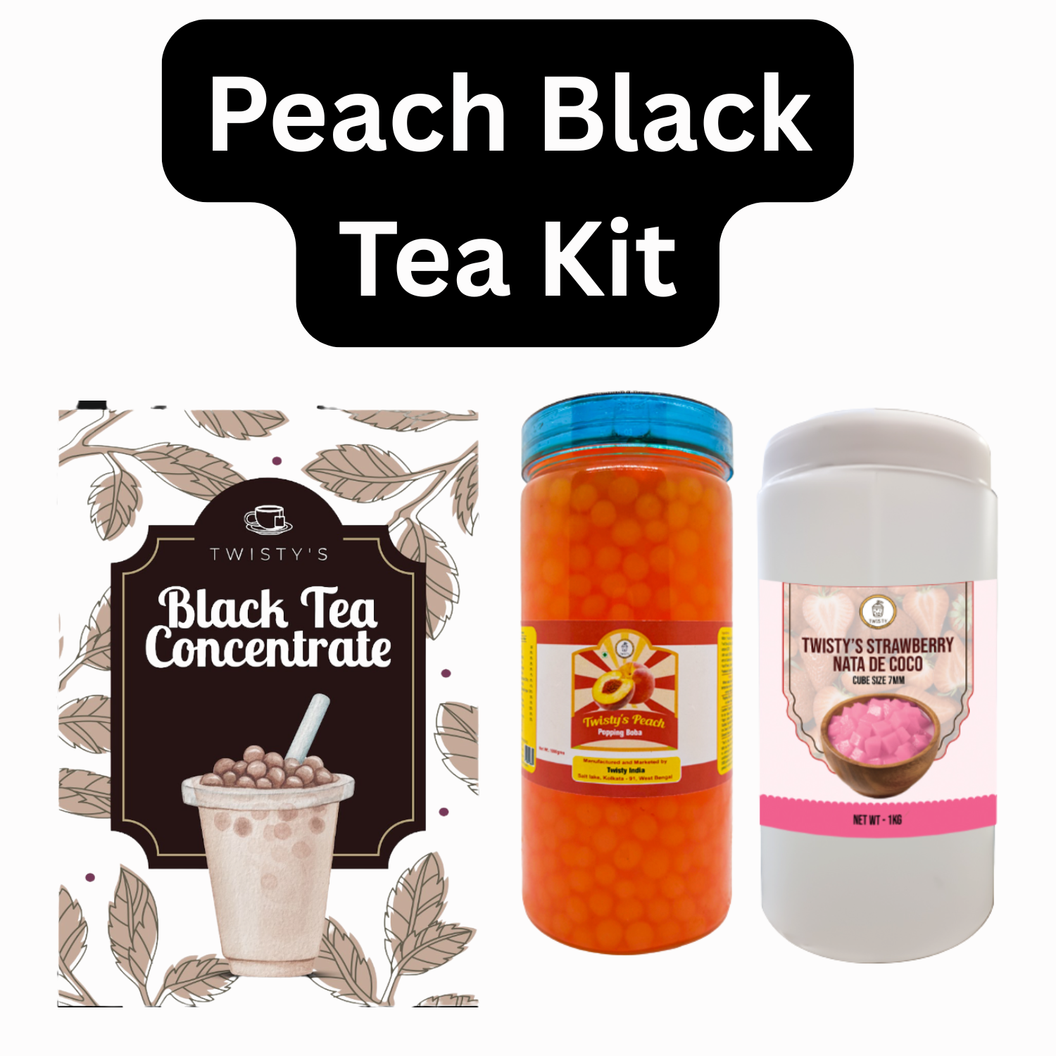 Peach Black Tea Bubble Tea Kit | Black Tea Concentrate (500 ml), Peach Popping Boba (350 g) & Strawberry Nata de Coco (350 g)