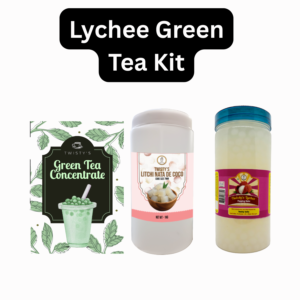 Lychee Green Tea Bubble Tea Kit | Green Tea Concentrate (500 ml), Lychee Popping Boba (350 g) & Lychee Nata de Coco (350 g)