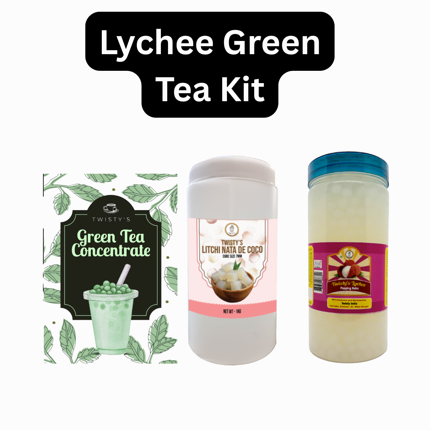 Lychee Green Tea Bubble Tea Kit | Green Tea Concentrate (500 ml), Lychee Popping Boba (350 g) & Lychee Nata de Coco (350 g)