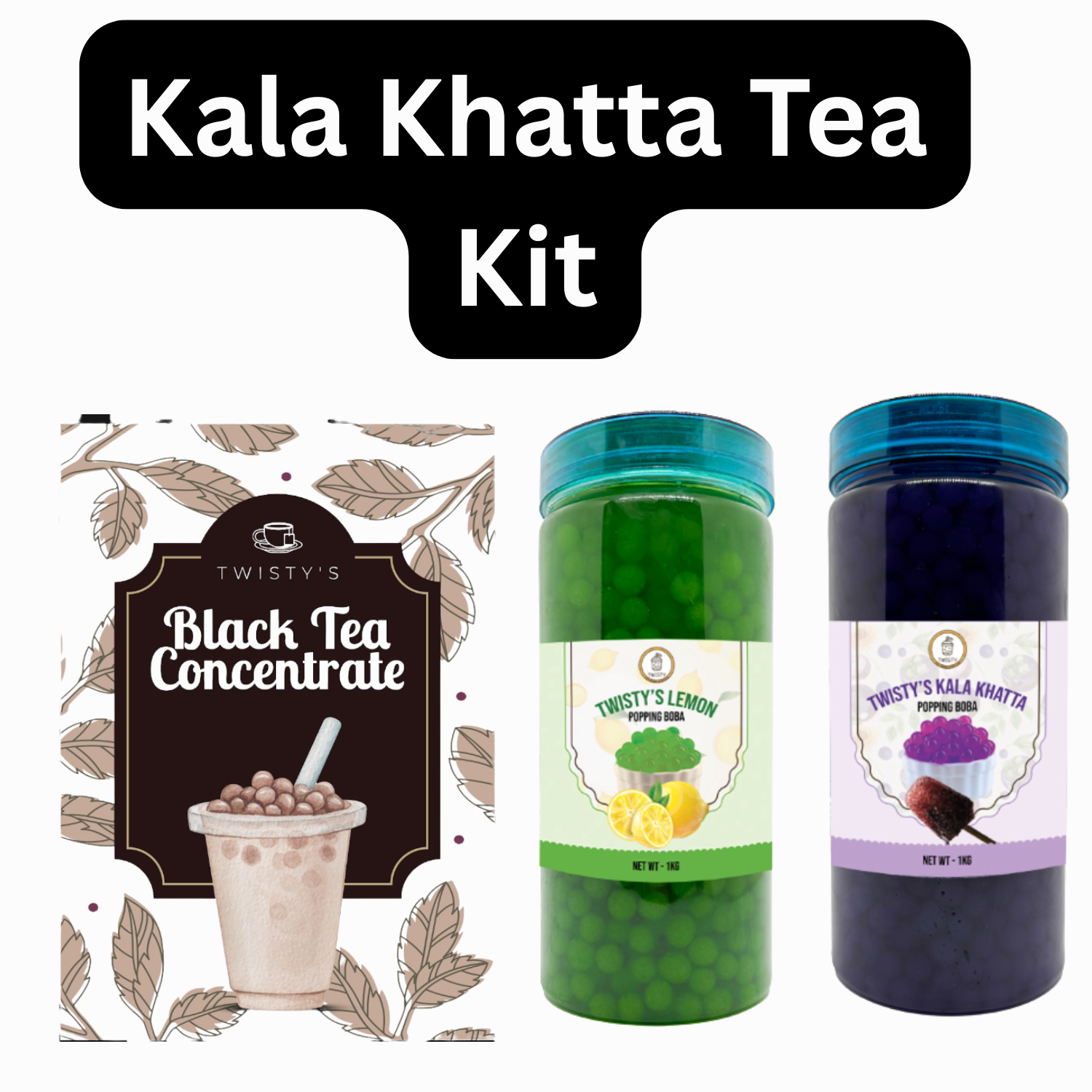 Kala Khatta Fruit Tea Bubble Tea Kit | Black Tea Concentrate (500 ml), Kala Khatta Popping Boba (350 g) & Lemon Popping Boba (350 g)