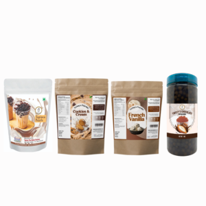 Creamy Dessert Bubble Tea Kit | Brown Sugar Tapioca Pearls 1kg + Cookies & Cream Powder 250g + French Vanilla Powder 250g + Chocolate Popping Boba 350g | DIY Bubble Tea Making Kit