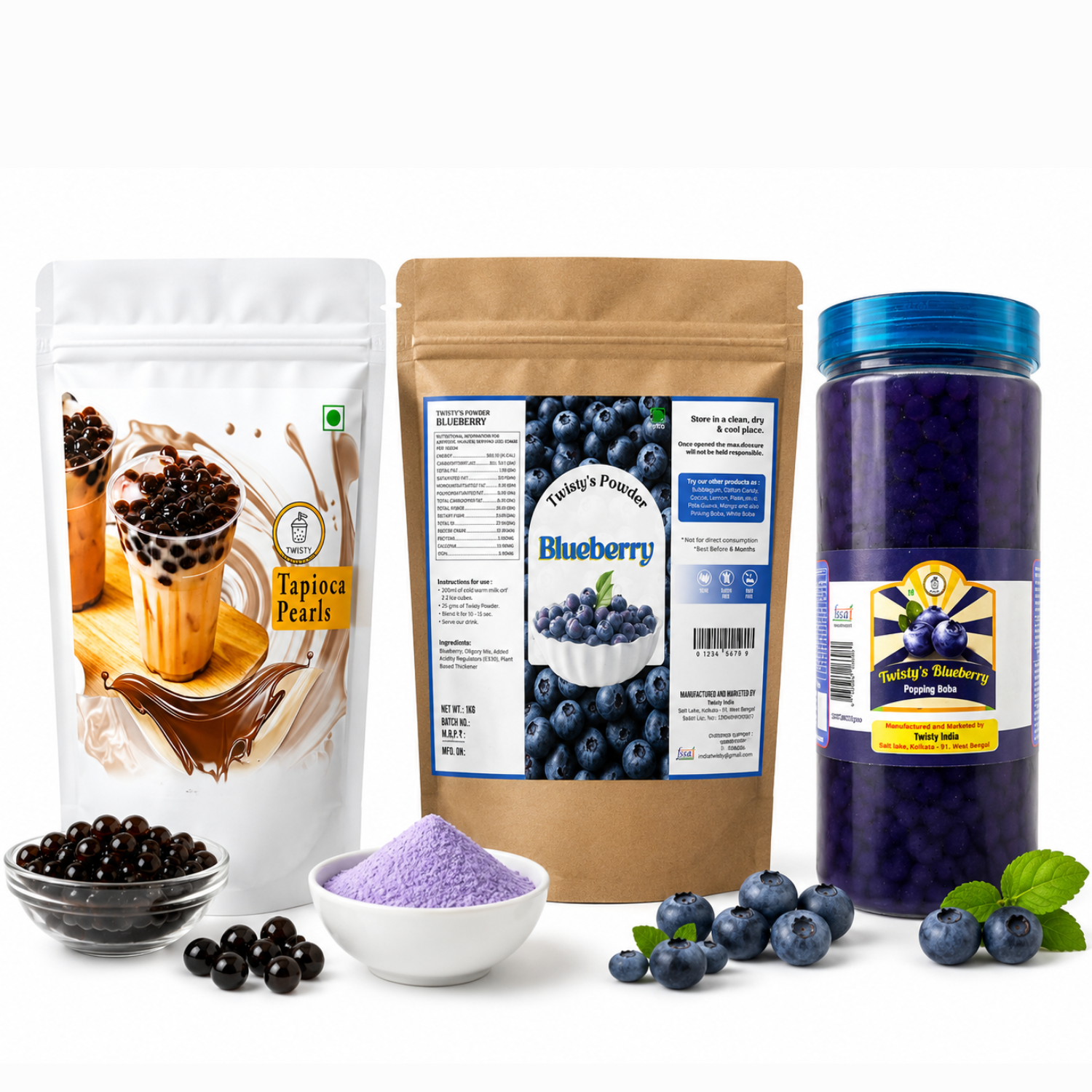 Blueberry Mini Boba Kit | Brown Sugar Tapioca Pearls 500g + Blueberry Powder 250g + Blueberry Popping Boba 350g | Bubble Tea Making Kit