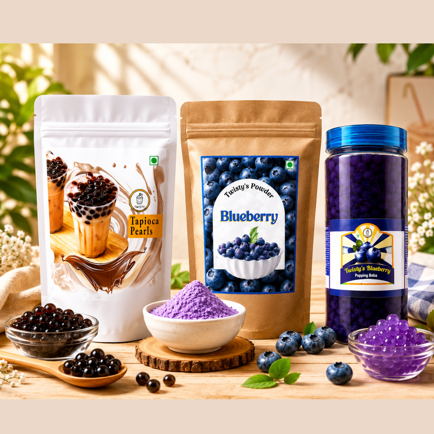 Blueberry Mini Boba Kit | Brown Sugar Tapioca Pearls 500g + Blueberry Powder 250g + Blueberry Popping Boba 350g | Bubble Tea Making Kit